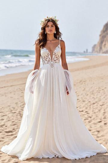 Chiffon A Line Beach Sweep Train Wedding Dress with Lace